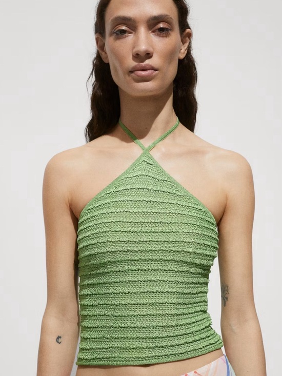 Mango Tops - Mango Light Green Crochet Halter Tank